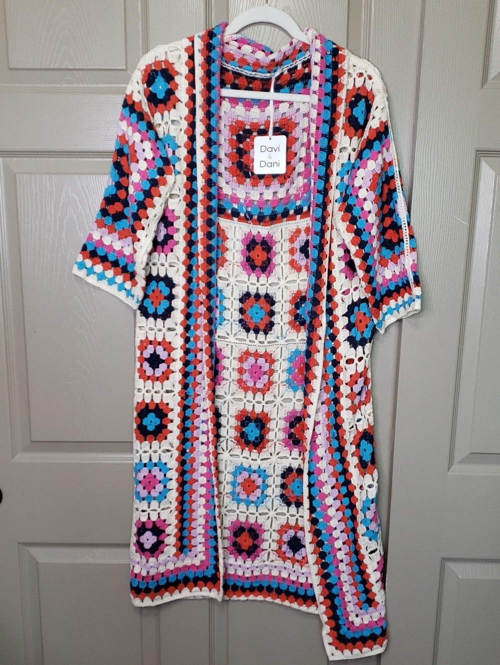 NWT DAVI & DANI Multicolor Granny Square  Boho Crochet Long Cardigan - Picture 4 of 6